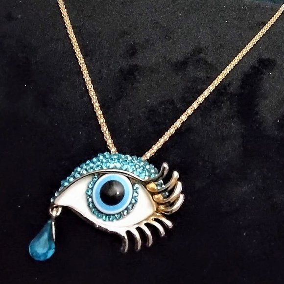 Salvatore Dali Eye Time Blue Rhinestone & Enamel Evil Eye Art Pendant & Necklace - Picture 2 of 13